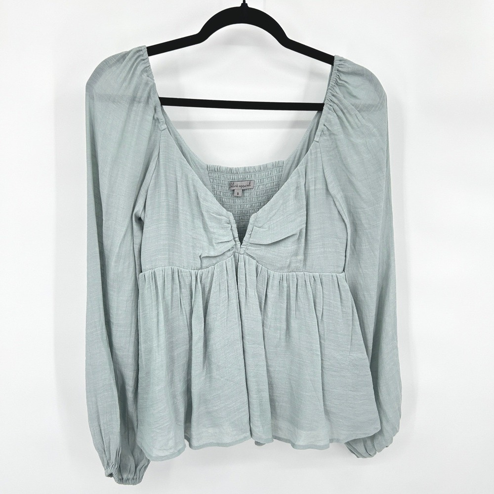 Y2K Babydoll Long Puff Sleeve‎ Top S Sage Green Smocked Romantic Fairy Cottage